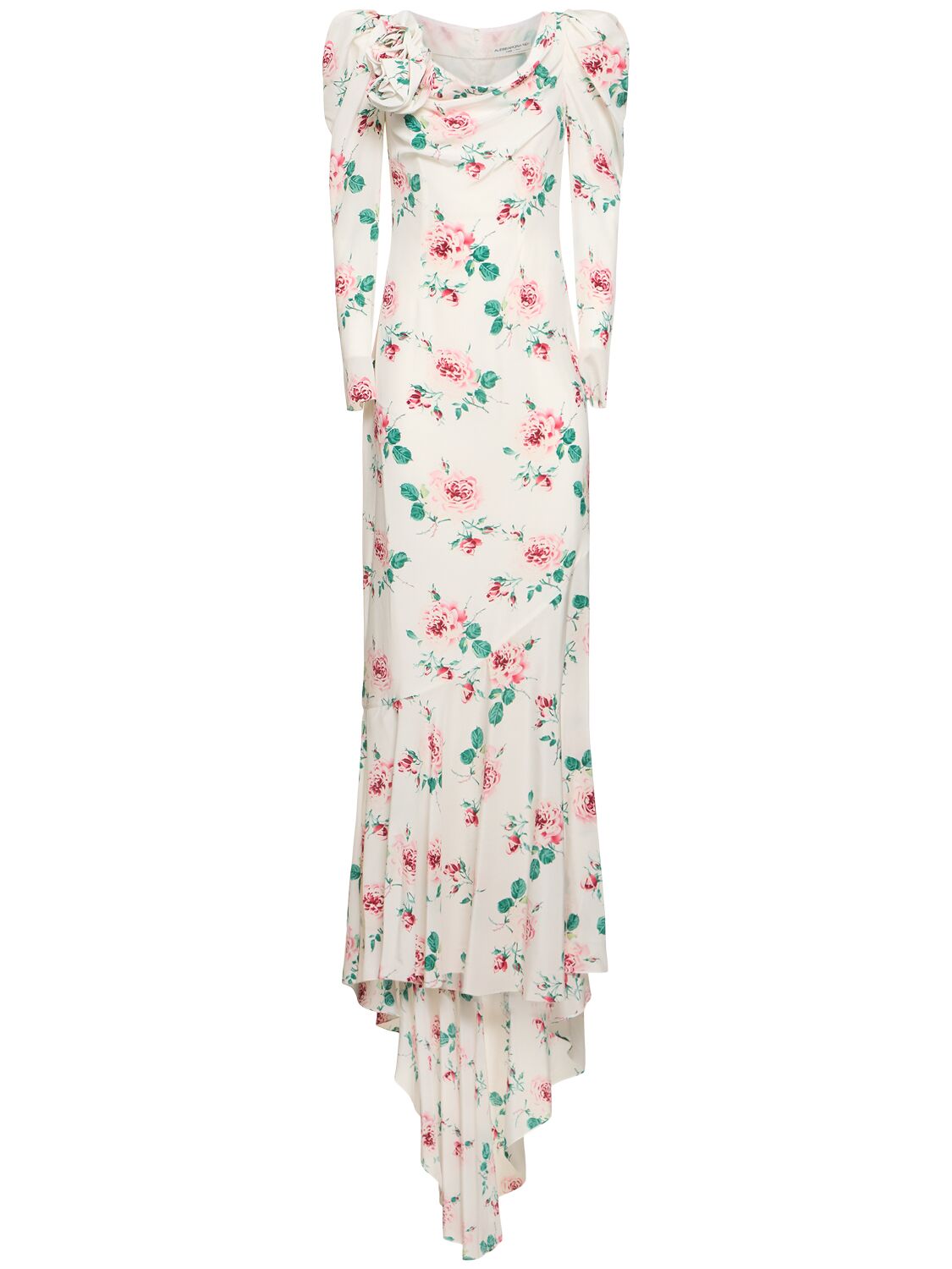 Alessandra Rich Rose Printed Silk Maxi Dress W/ Appliqué In White,multi