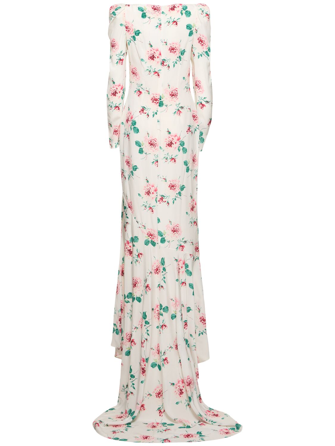 Shop Alessandra Rich Rose Printed Silk Maxi Dress W/ Appliqué In White,multi