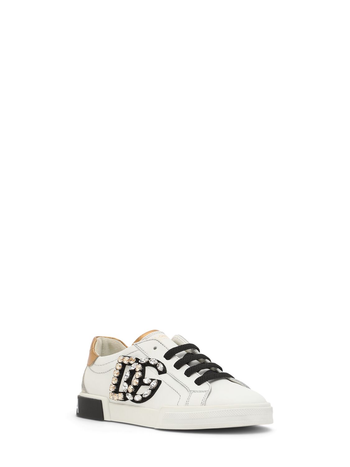 Shop Dolce & Gabbana Embellished Logo Leather Sneakers In White/gold