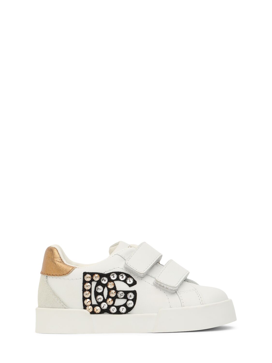 Dolce & Gabbana Embellished Logo Leather Sneakers In White/gold