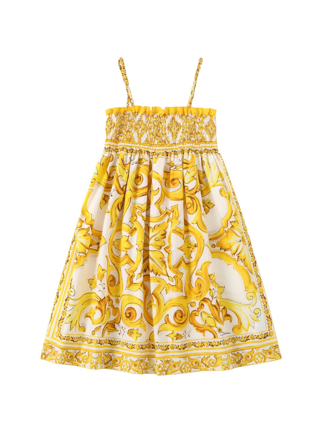 Shop Dolce & Gabbana Maiolica Print Cotton Poplin Dress In Yellow