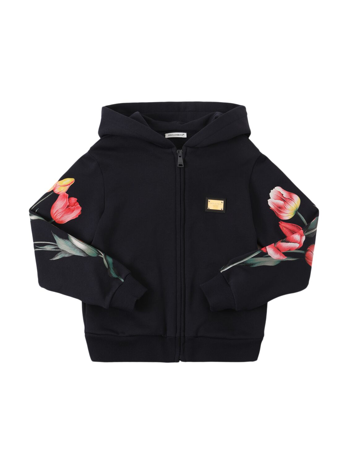 Dolce & Gabbana Printed Cotton Zip-up Sweatshirt W/ Hood In Black