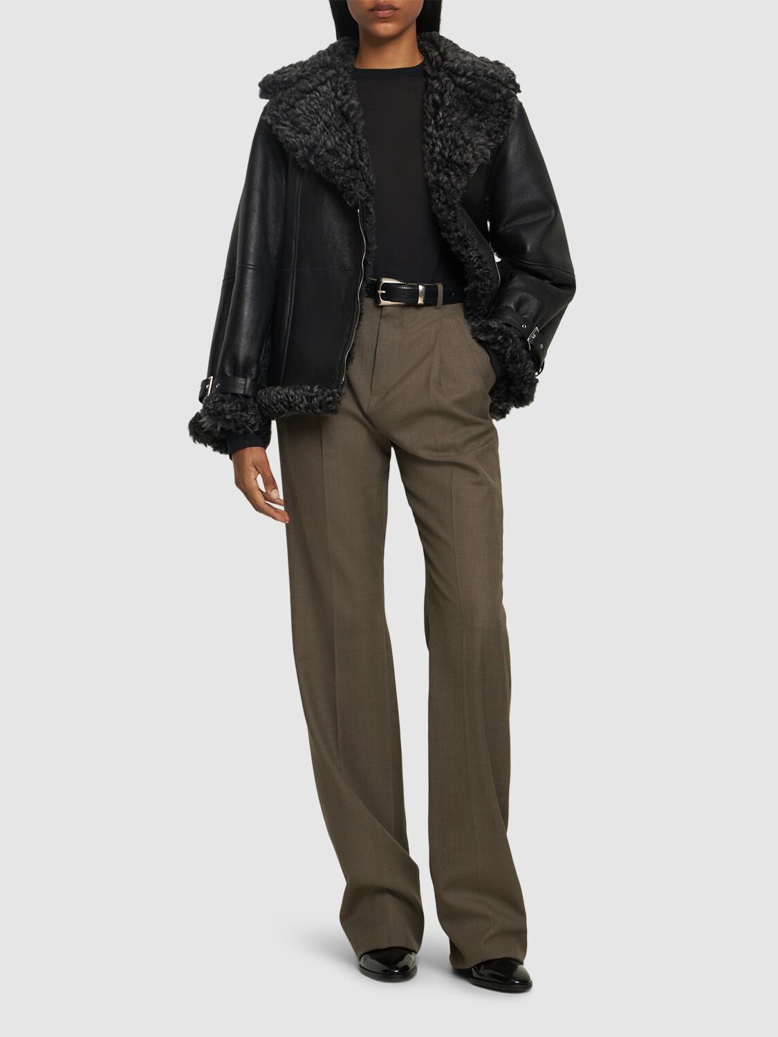 Shop Alberta Ferretti Reversible Shearling Belted Jacket In Black