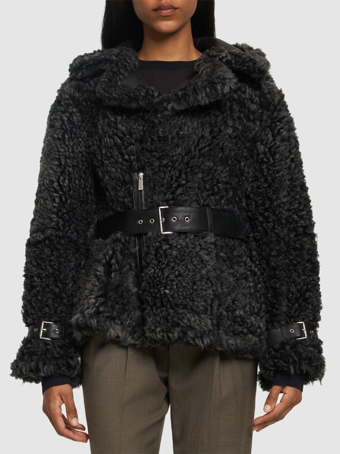 Shop Alberta Ferretti Reversible Shearling Belted Jacket In Black