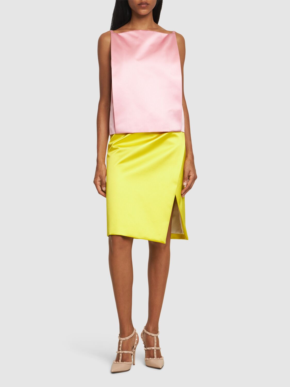 Shop Philosophy Di Lorenzo Serafini Viscose Duchesse Satin Midi Skirt In Yellow