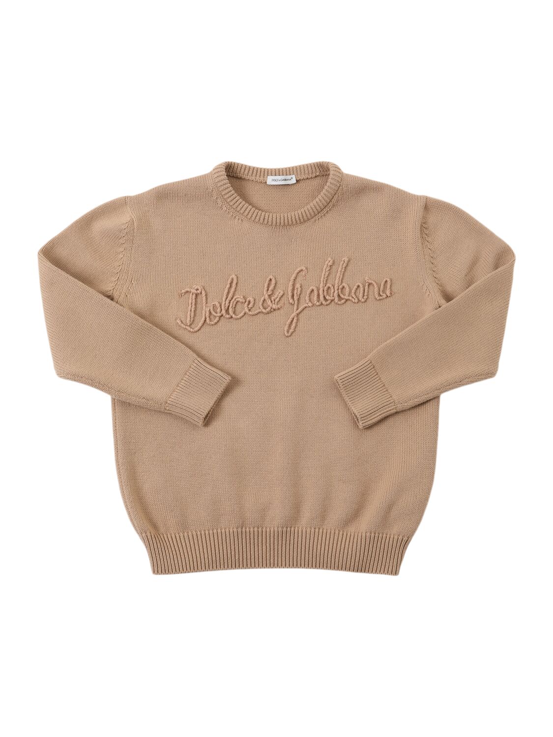 Dolce & Gabbana Embroidered Logo Cotton Knit Sweater In Beige