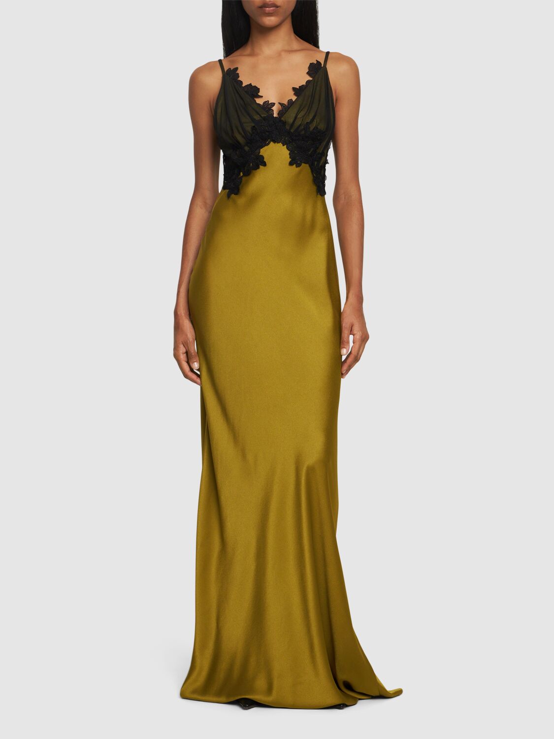 Shop Alberta Ferretti Satin & Lace Long Dress In Green