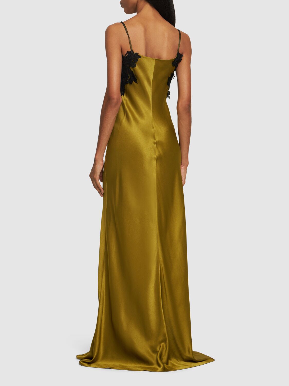 Shop Alberta Ferretti Satin & Lace Long Dress In Green