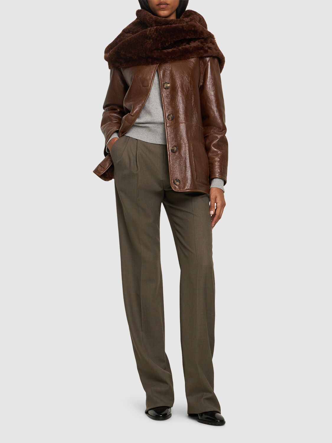 Shop Alberta Ferretti Reversible Shearling Short Coat In Brown