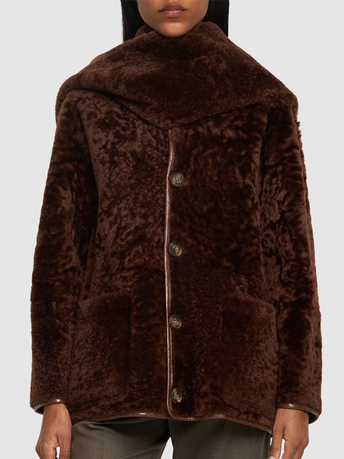 Shop Alberta Ferretti Reversible Shearling Short Coat In Brown