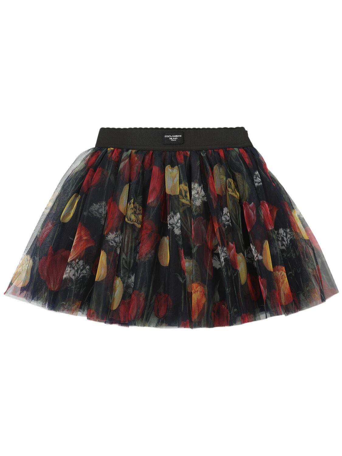 Dolce & Gabbana Kids' Flowers Print Tulle Mini Skirt W/logo In Blue/multi