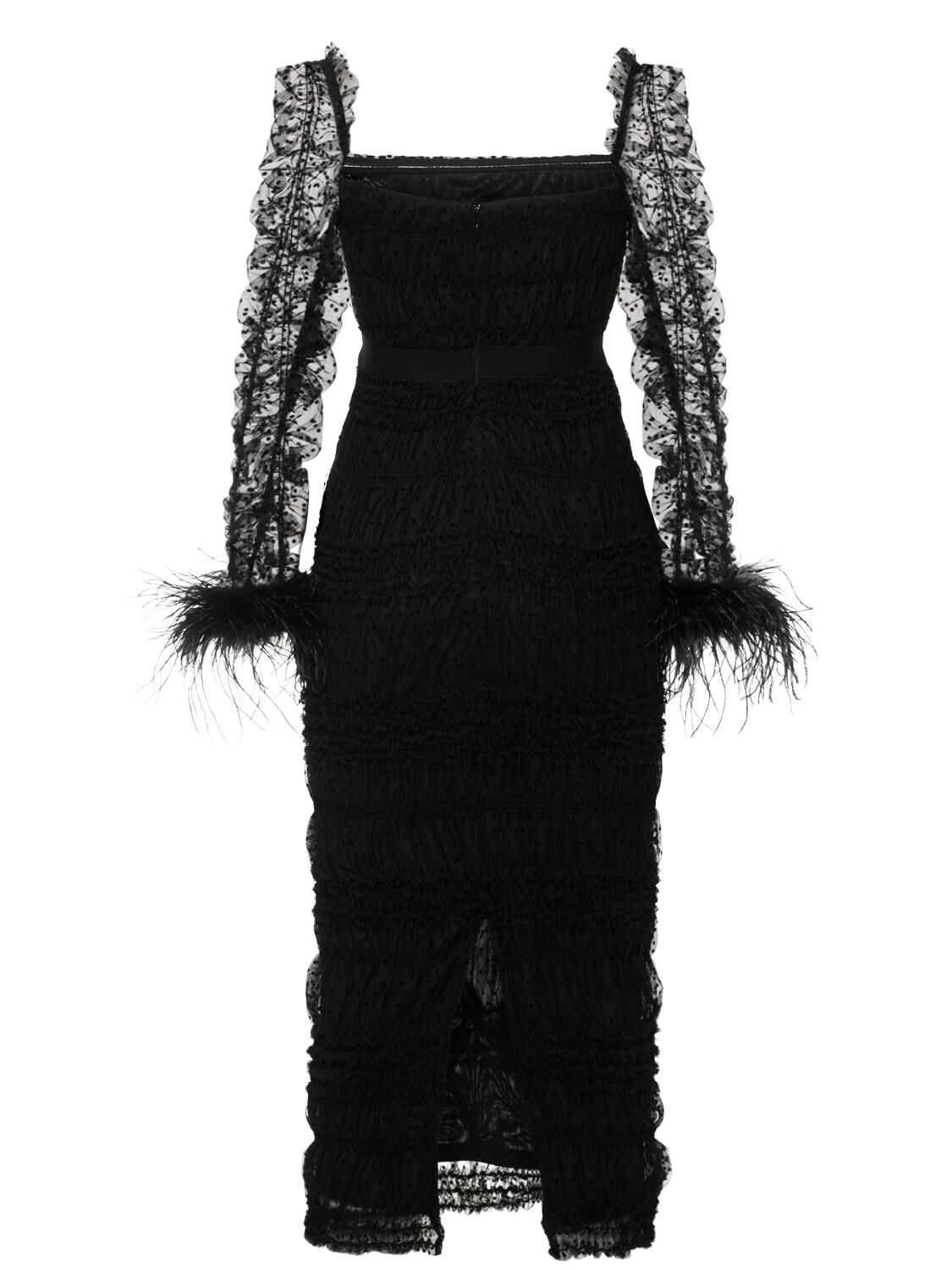 Shop Self-portrait Swiss Dot Tulle Midi Dress W/ Feathers In Black