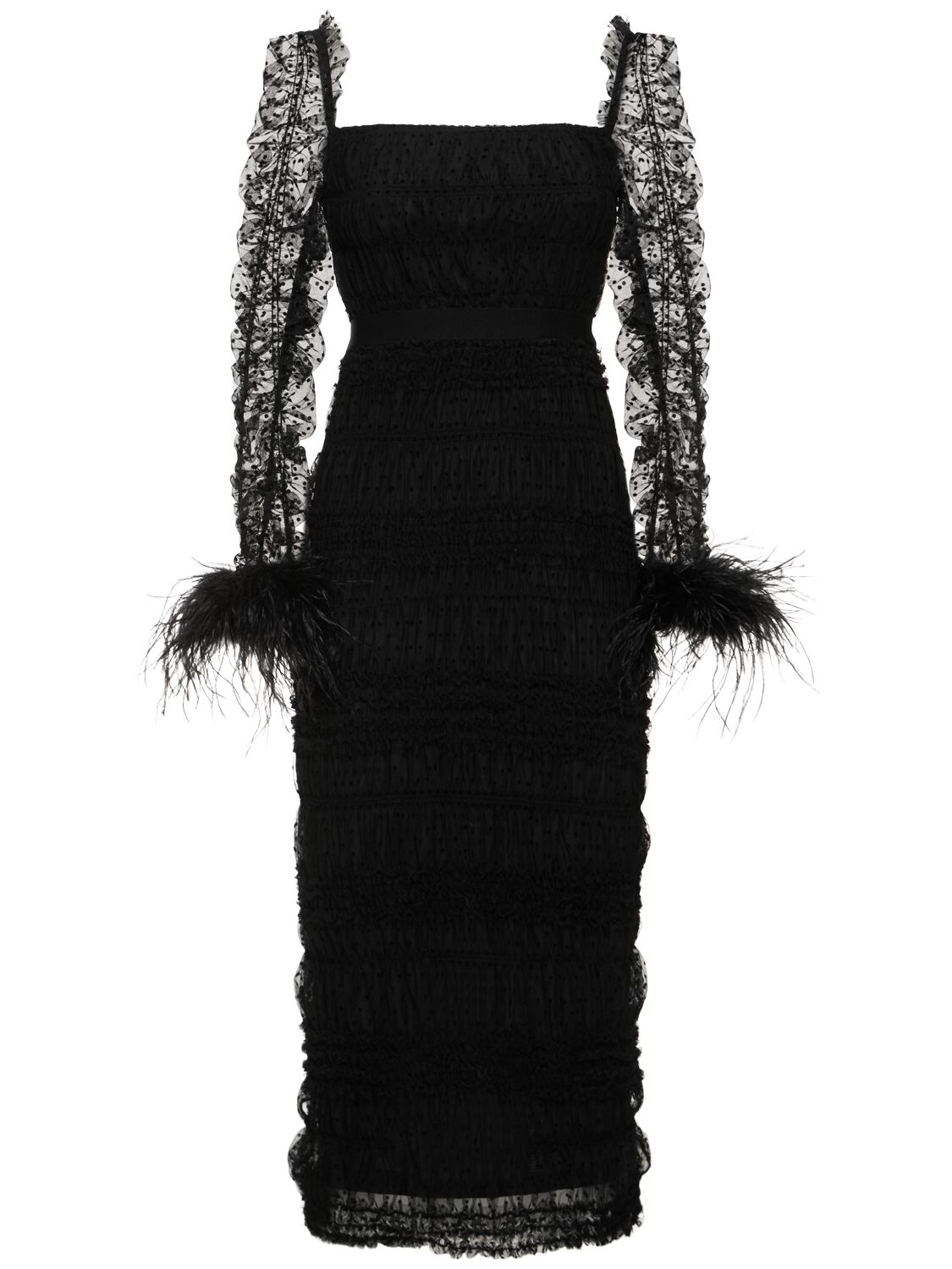 Self-portrait Swiss Dot Tulle Midi Dress W/ Feathers In Black