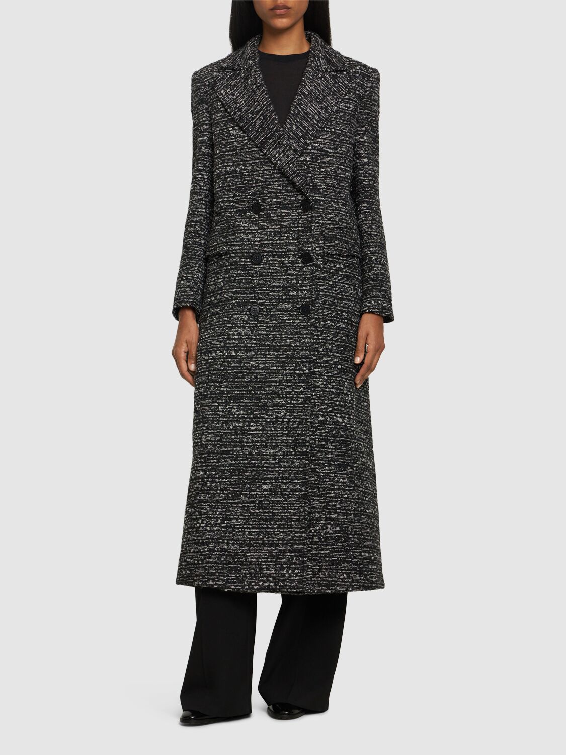 Shop Alberta Ferretti Double Breasted Wool Tweed Long Coat In Black/multi