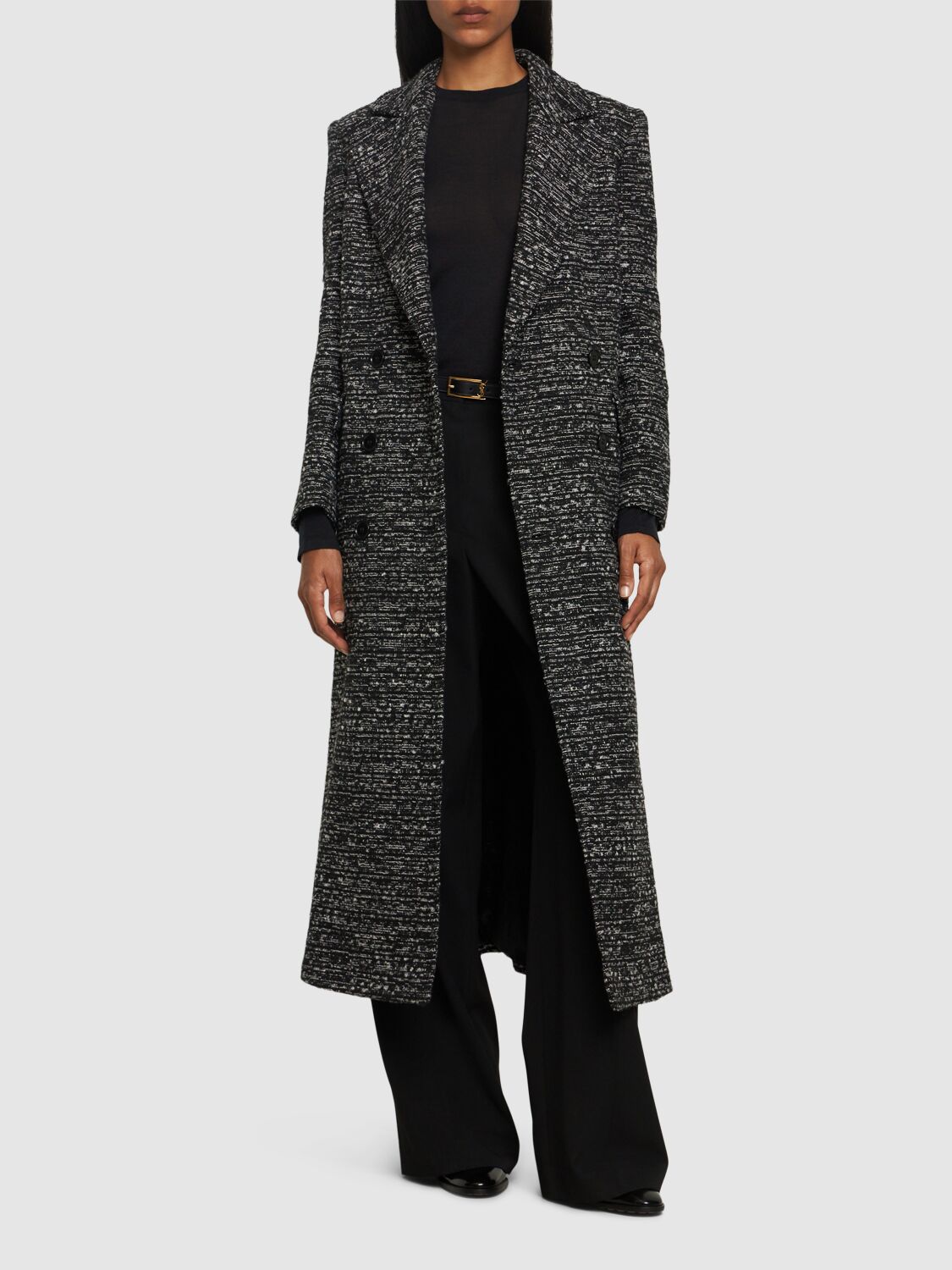 Shop Alberta Ferretti Double Breasted Wool Tweed Long Coat In Black/multi