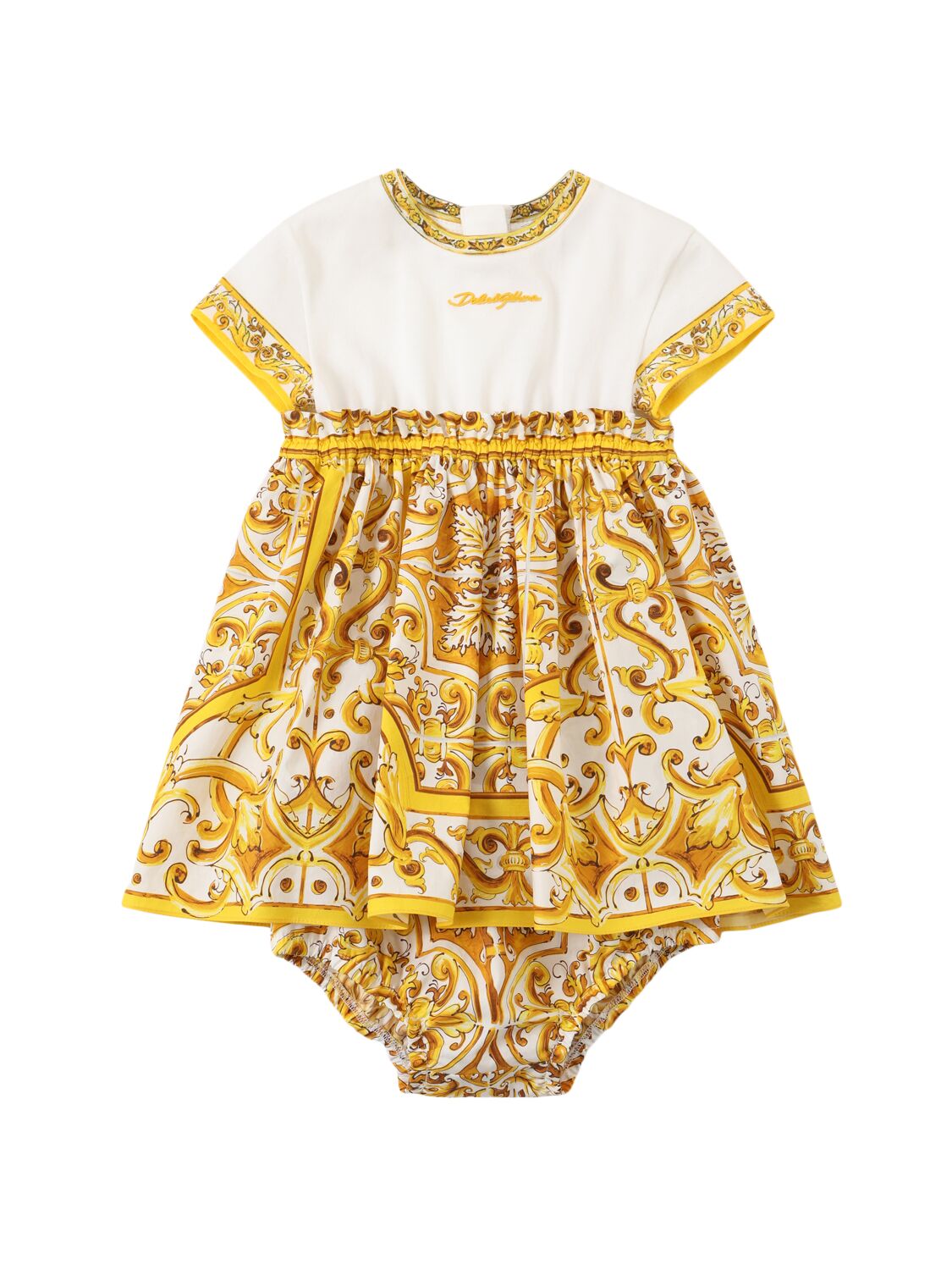 Dolce & Gabbana Babies' Maiolica Print Cotton Dress&diaper Cover In Yellow/white