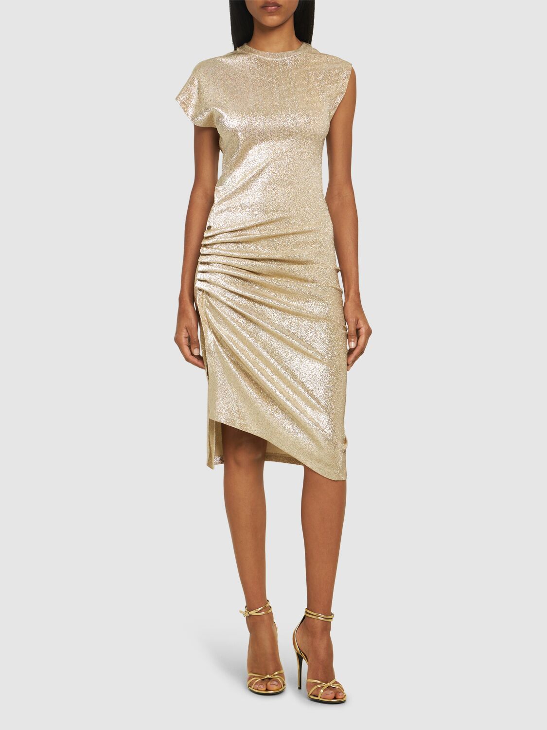 Shop Rabanne Stretch Lurex Jersey Midi Dress In Silver,gold