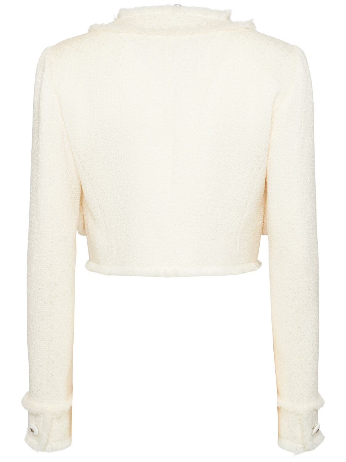 Shop Dolce & Gabbana Collarless Tweed Cropped Jacket In Ivory