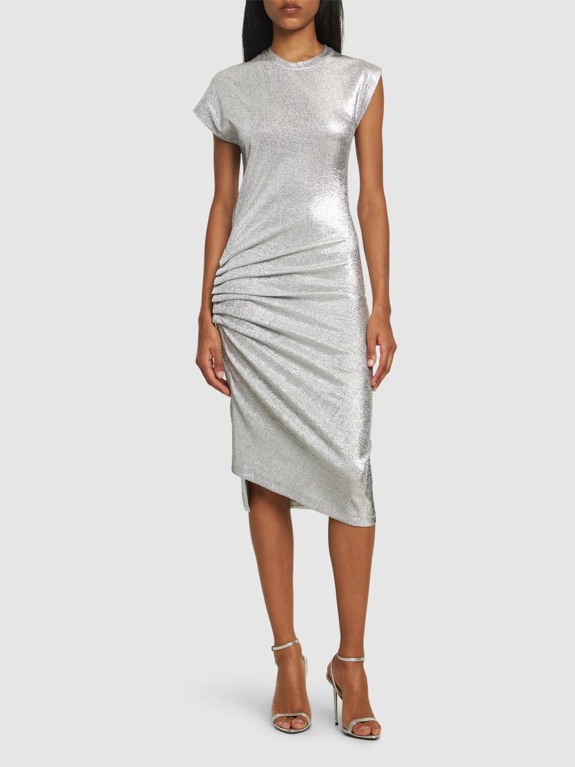 Shop Rabanne Stretch Lurex Jersey Midi Dress In Silver