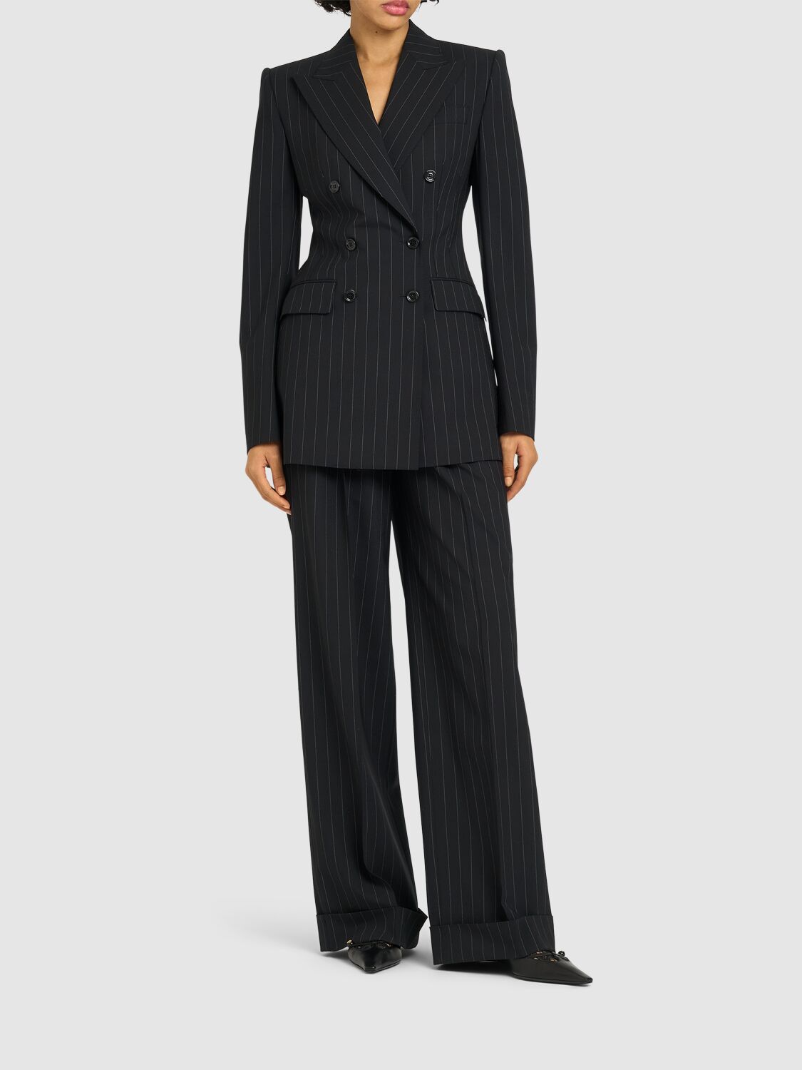 Shop Dolce & Gabbana High Waist Pinstripe Flared Pants In Black/white