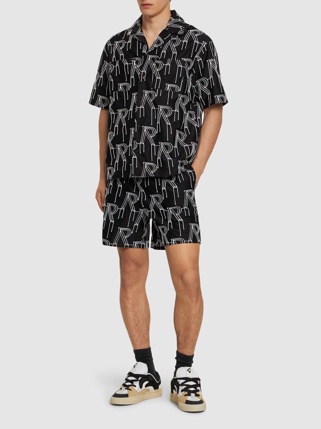 Shop Represent Initial Embroidered Cotton Shorts In Black