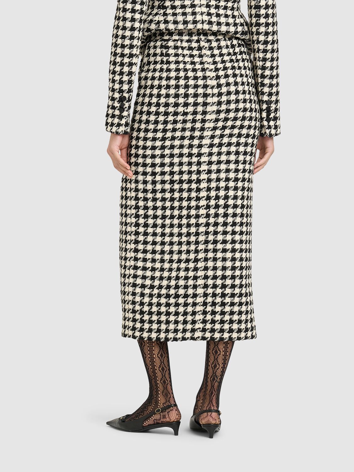 Shop Dolce & Gabbana High Waist Houndstooth Midi Skirt In White/black