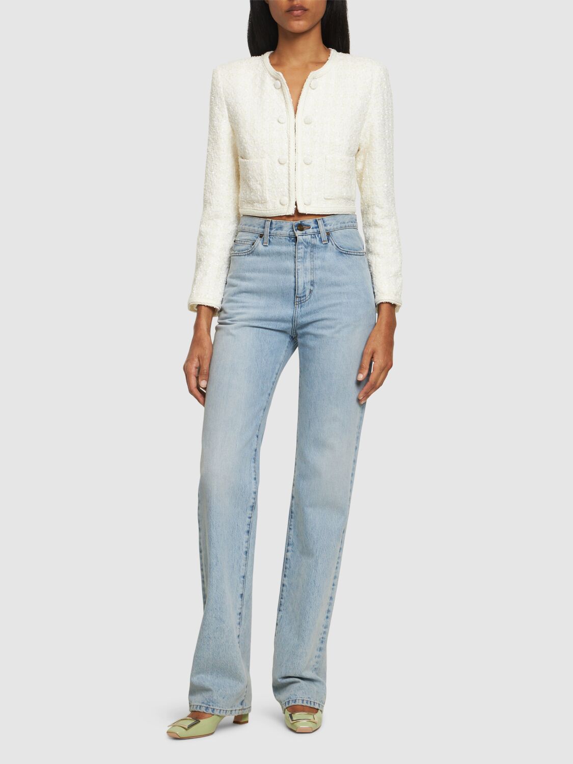 Shop Rotate Birger Christensen Mie Cropped Bouclé Jacket In White