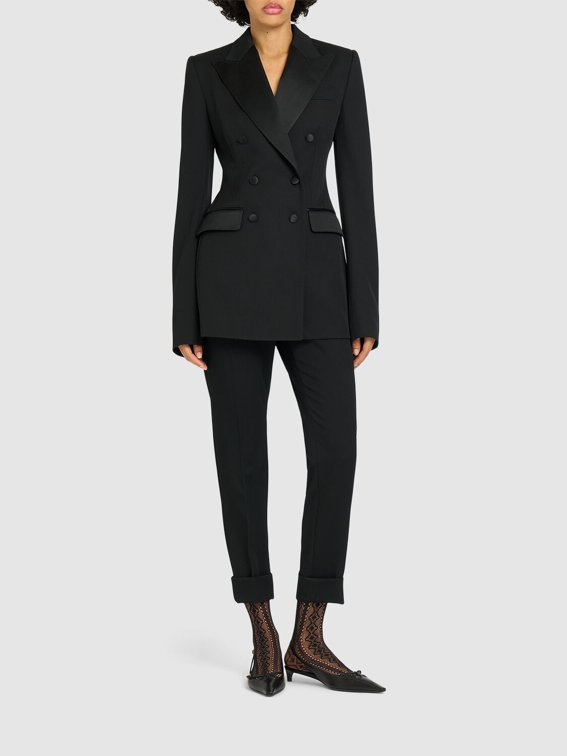 Dolce & Gabbana Double-breasted Wool Blend Blazer With Satin Detailing In Black