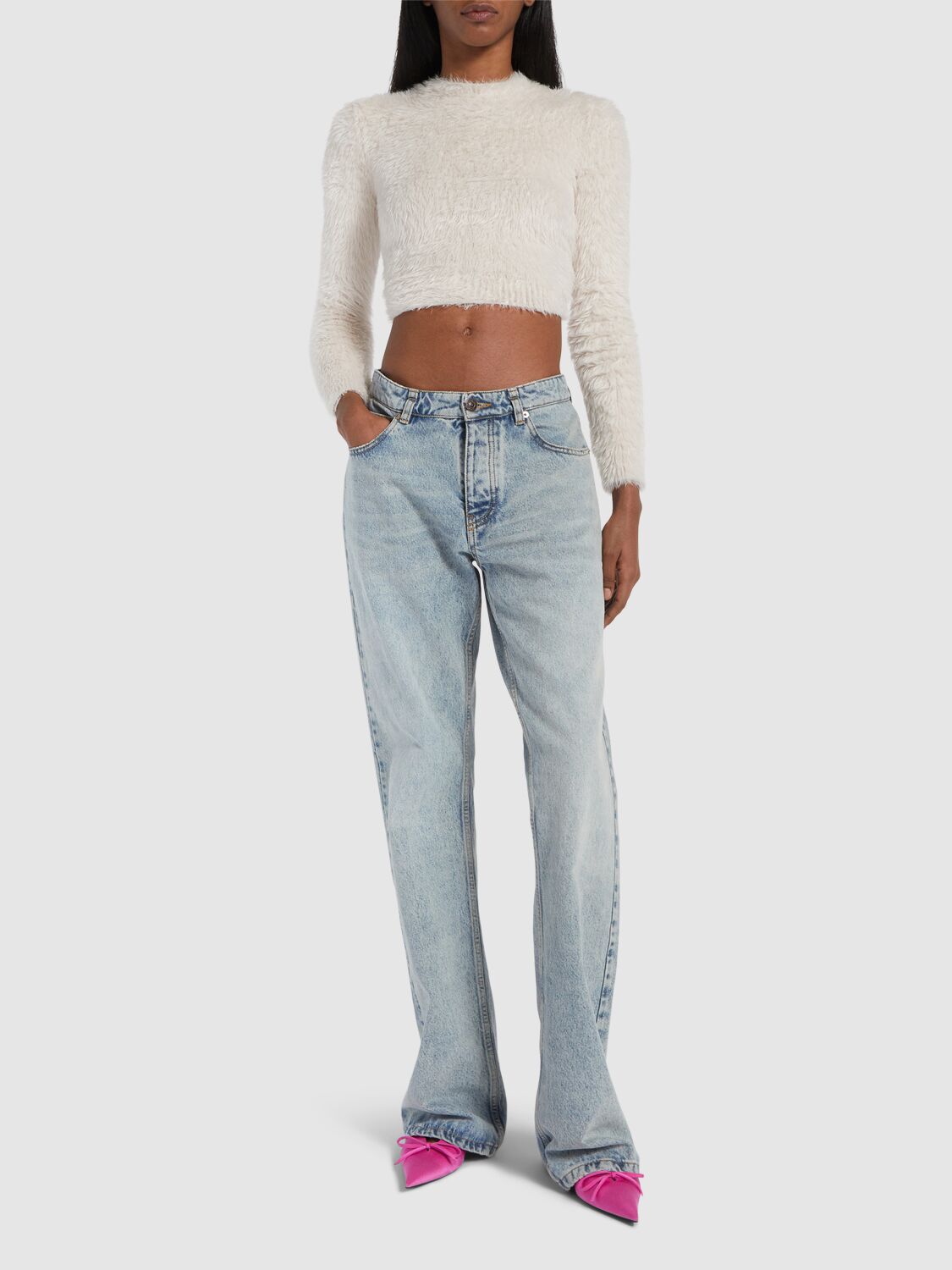 Shop Balenciaga Knotted Fuzzy Nylon Sweater In Ligth Grey