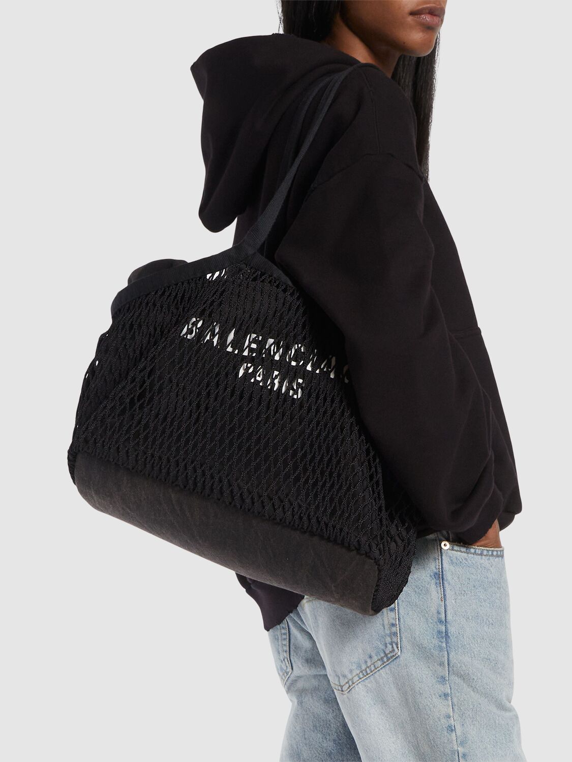 Shop Balenciaga Medium 24/7 Canvas & Fishnet Tote Bags In Washed Black