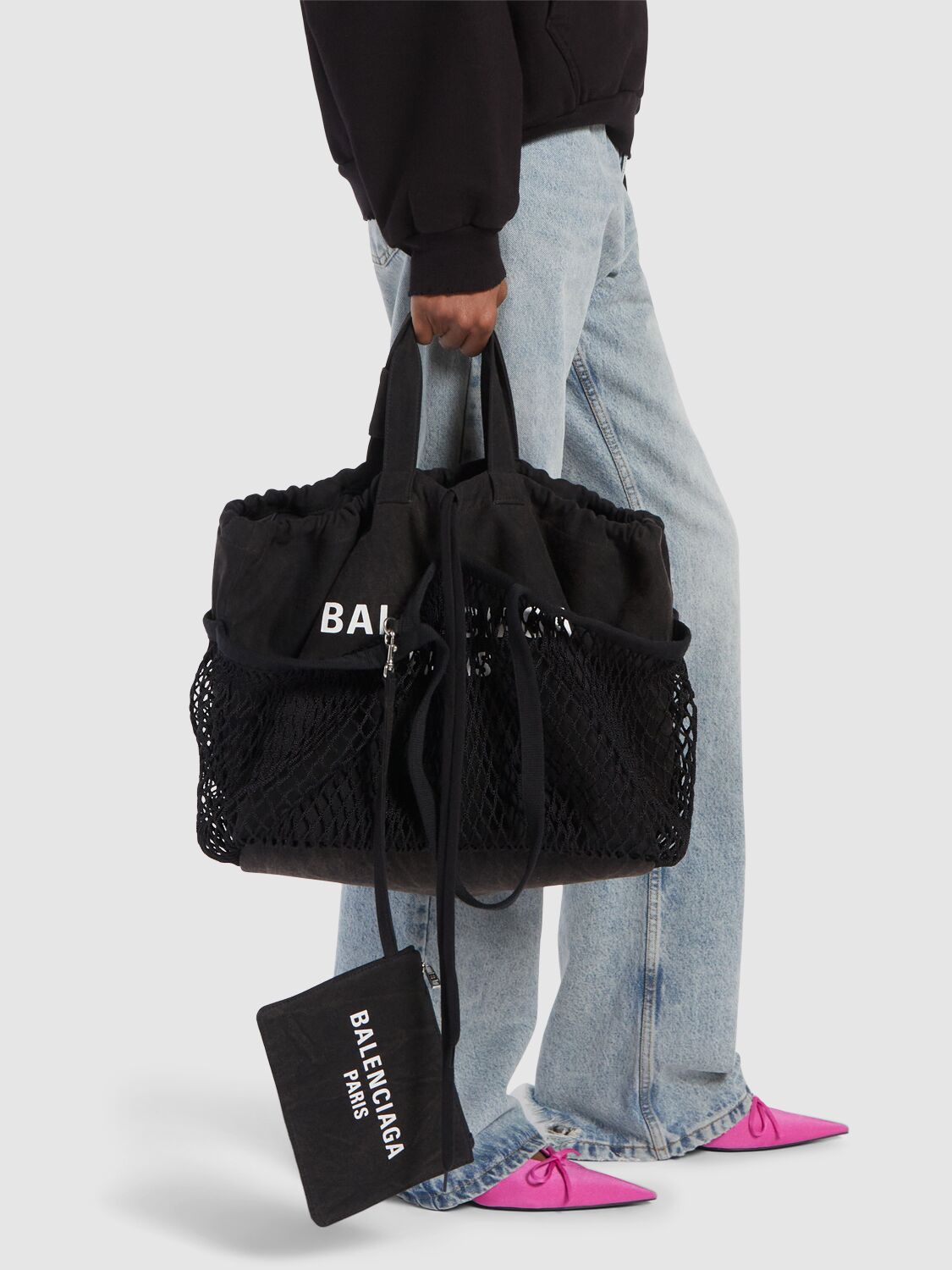 Shop Balenciaga Medium 24/7 Canvas & Fishnet Tote Bags In Washed Black