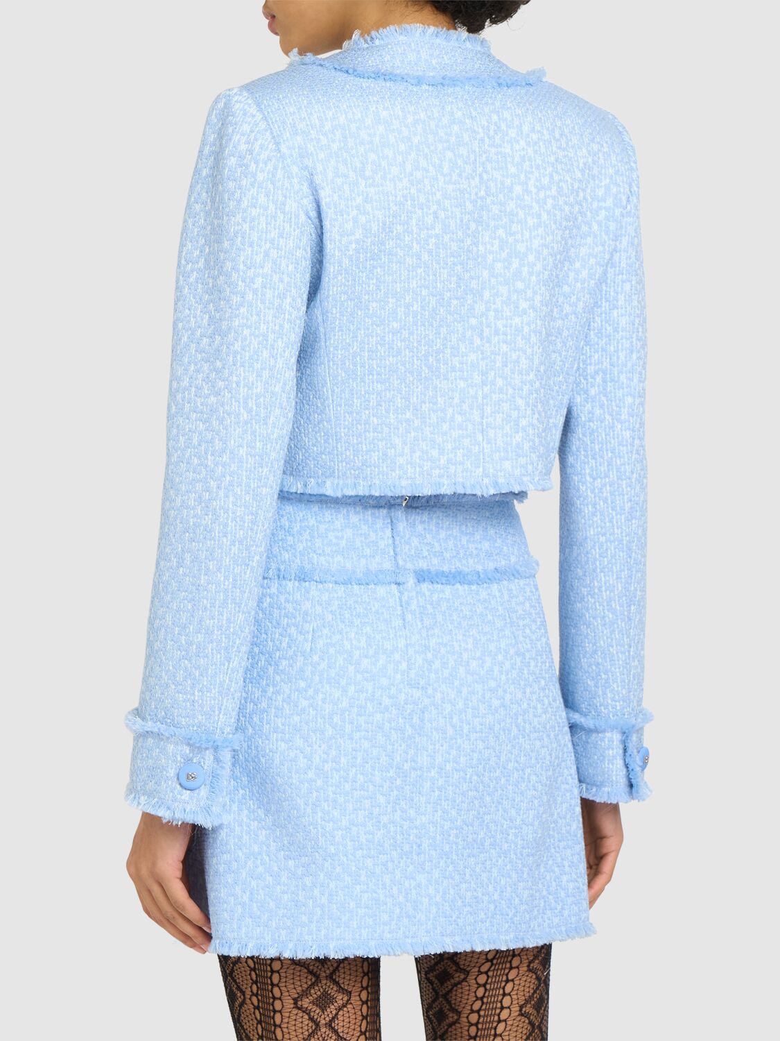 Shop Dolce & Gabbana Collarless Tweed Cropped Jacket In Light Blue