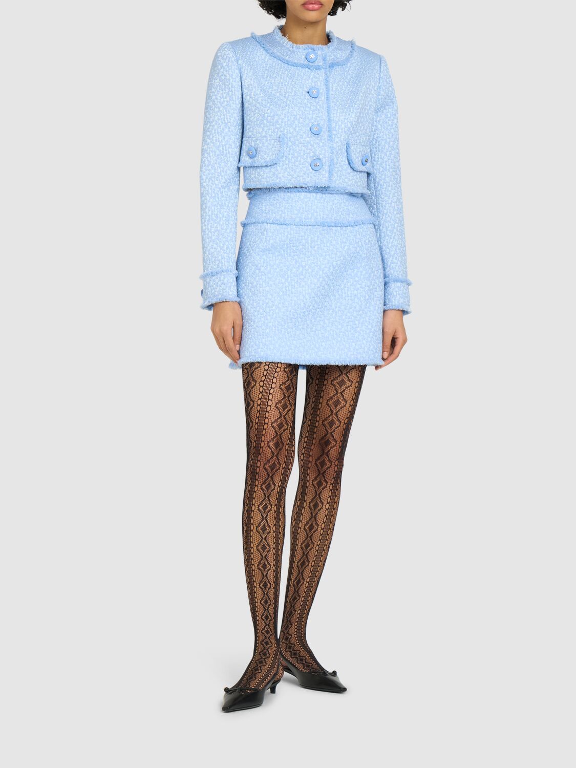 Shop Dolce & Gabbana Collarless Tweed Cropped Jacket In Light Blue