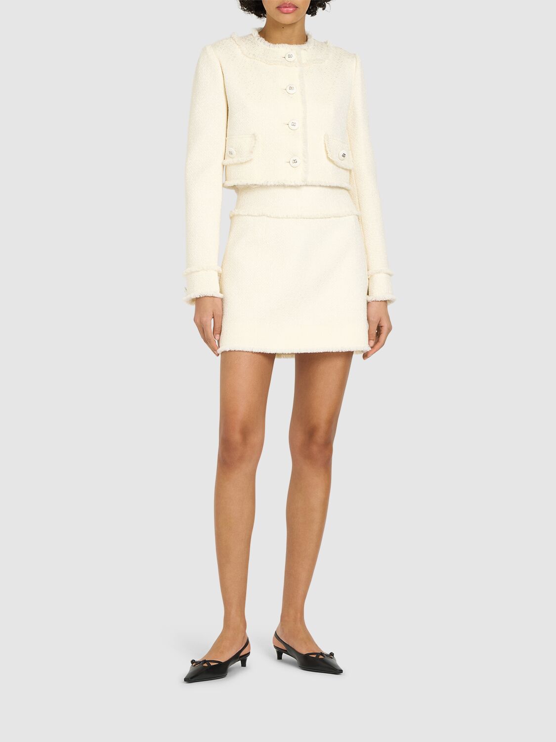 Shop Dolce & Gabbana Collarless Tweed Cropped Jacket In Ivory