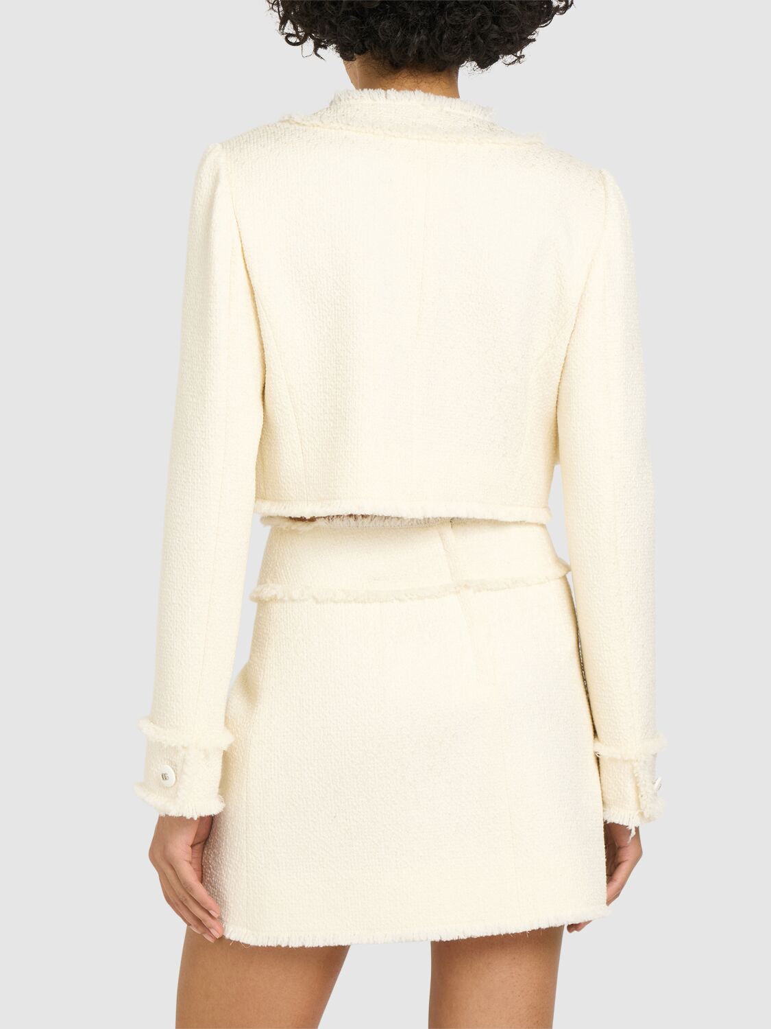 Shop Dolce & Gabbana Collarless Tweed Cropped Jacket In Ivory