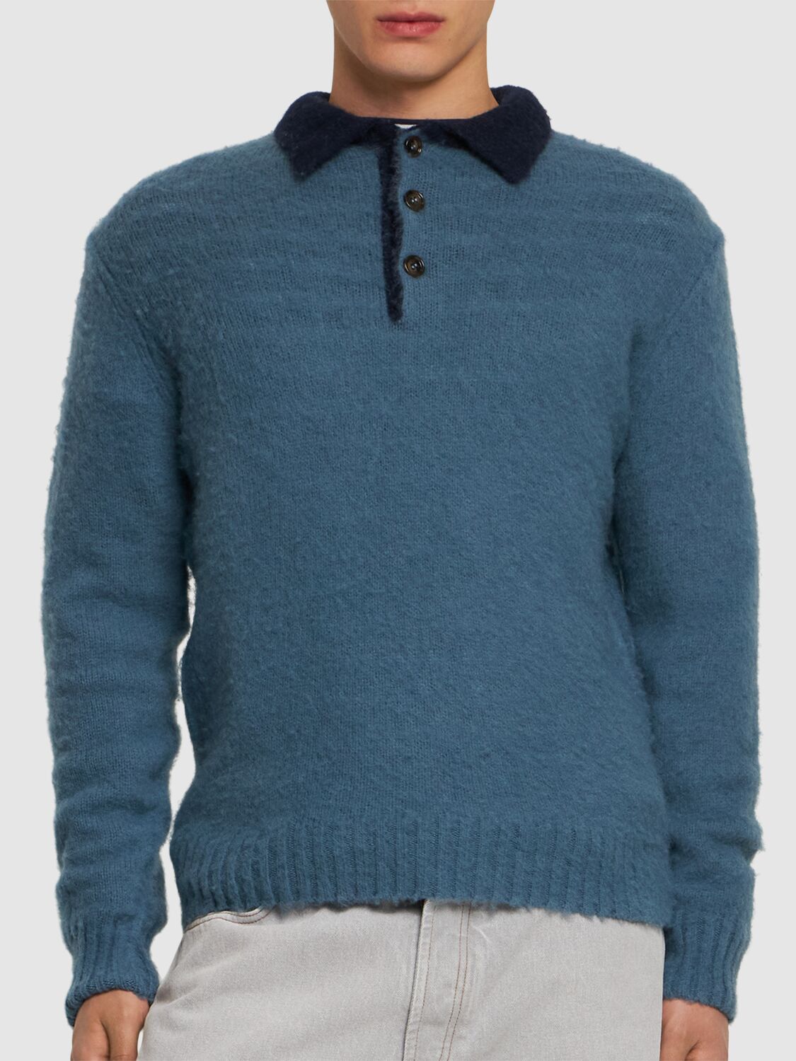 Shop Aspesi Brushed Shetland Wool Knit L/s Polo In Avio/force Blue