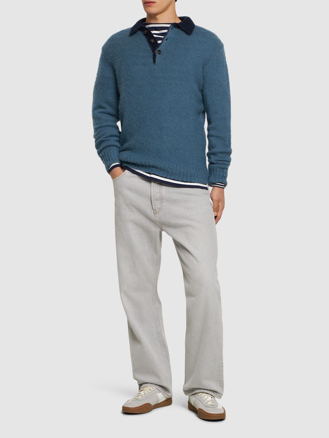 Shop Aspesi Brushed Shetland Wool Knit L/s Polo In Avio/force Blue