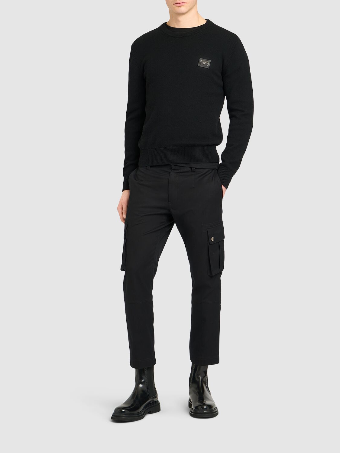 Shop Dolce & Gabbana Stretch Cotton Logo Plaque Cargo Pants In Black