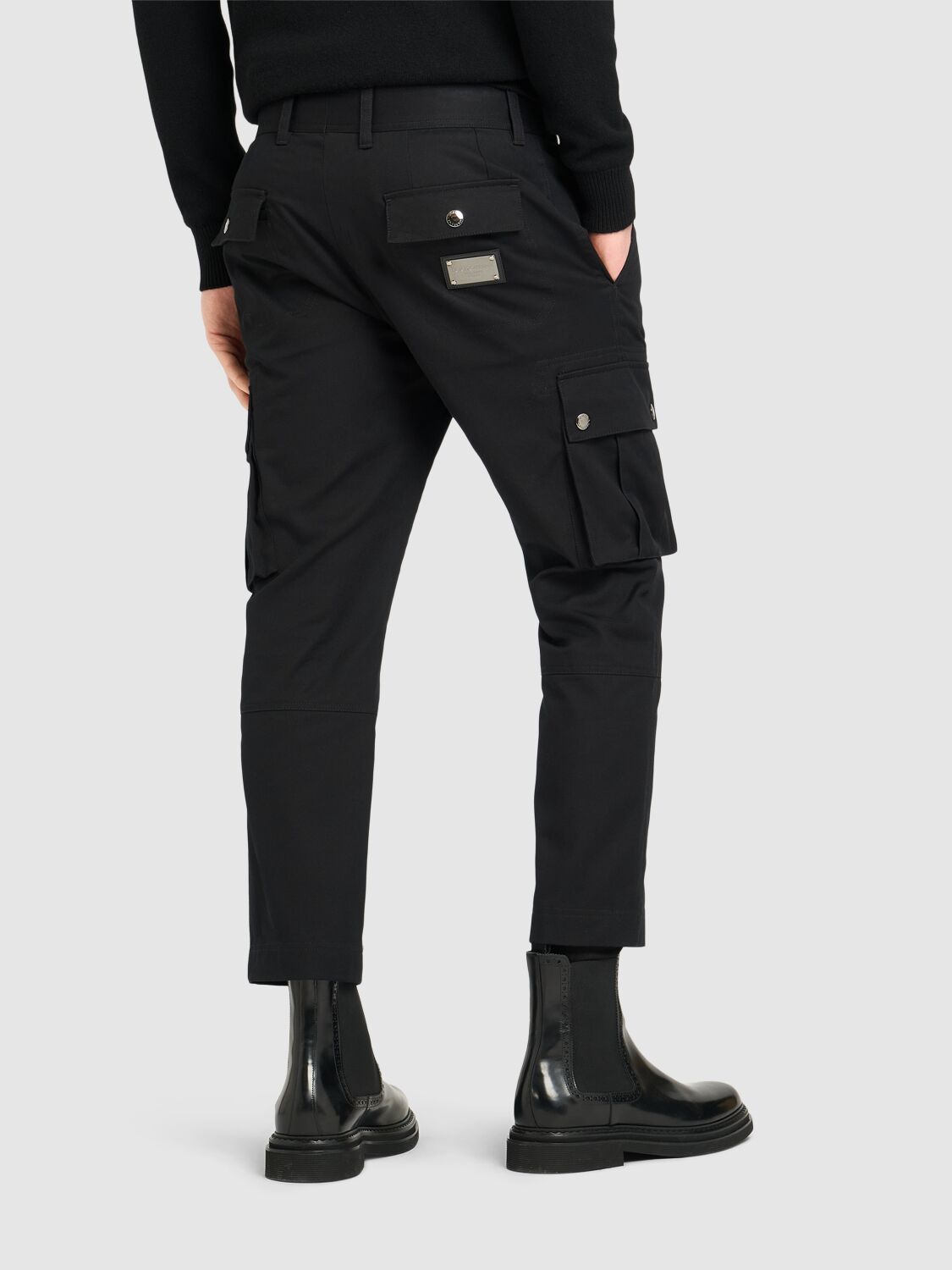 Shop Dolce & Gabbana Stretch Cotton Logo Plaque Cargo Pants In Black