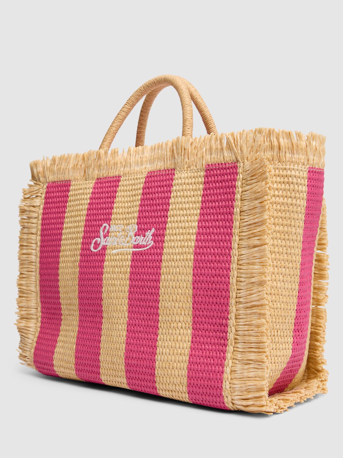 Shop Mc2 Saint Barth Logo Embroidery Straw Handbag In Beige/fuchsia