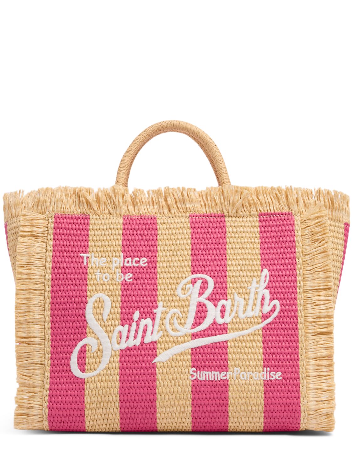 Mc2 Saint Barth Logo Embroidery Straw Handbag In Beige/fuchsia