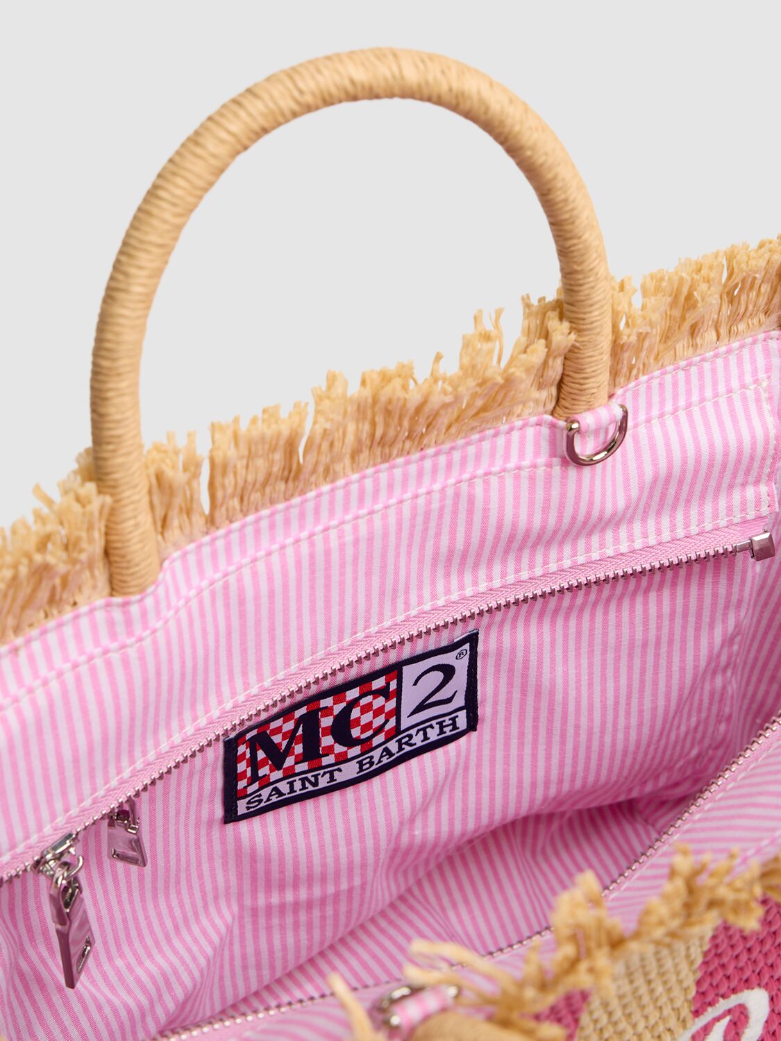 Shop Mc2 Saint Barth Logo Embroidery Straw Handbag In Beige/fuchsia