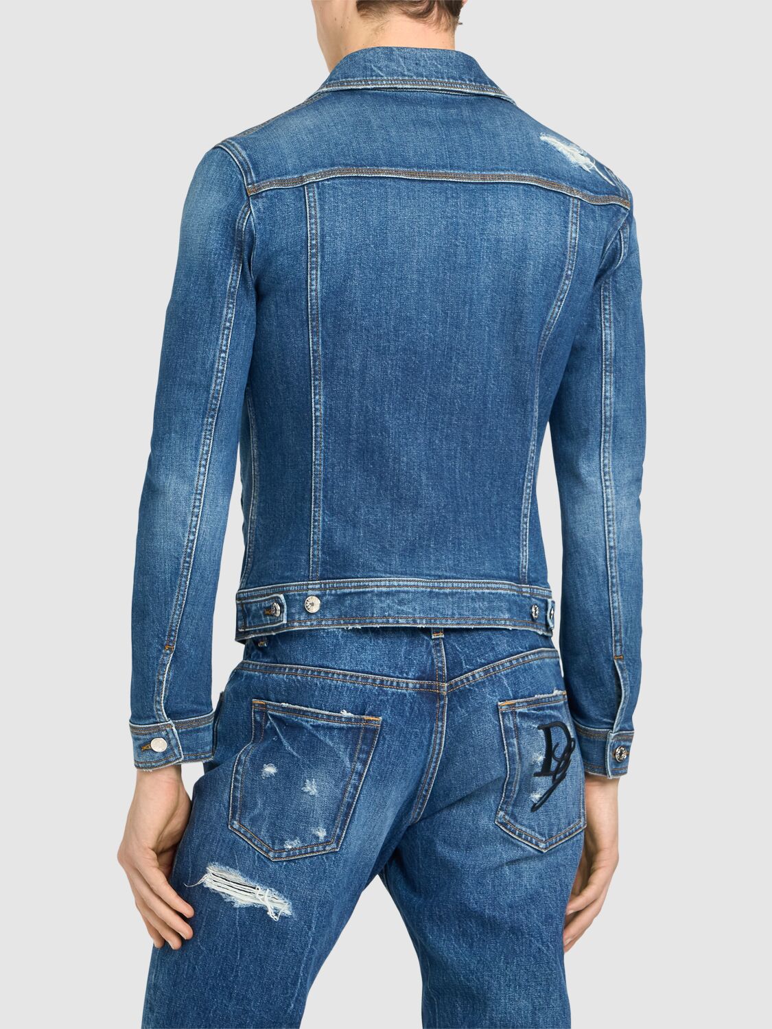 Shop Dolce & Gabbana Distressed Stretch Cotton Denim Jacket In Blue