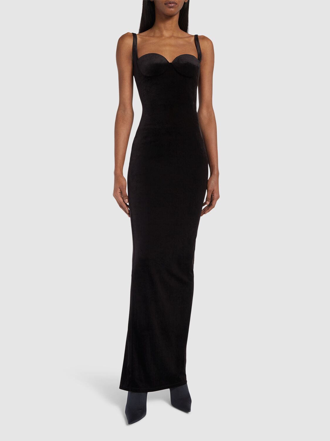 Shop Balenciaga Fluid Velvet Jersey Bustier Long Dress In Black