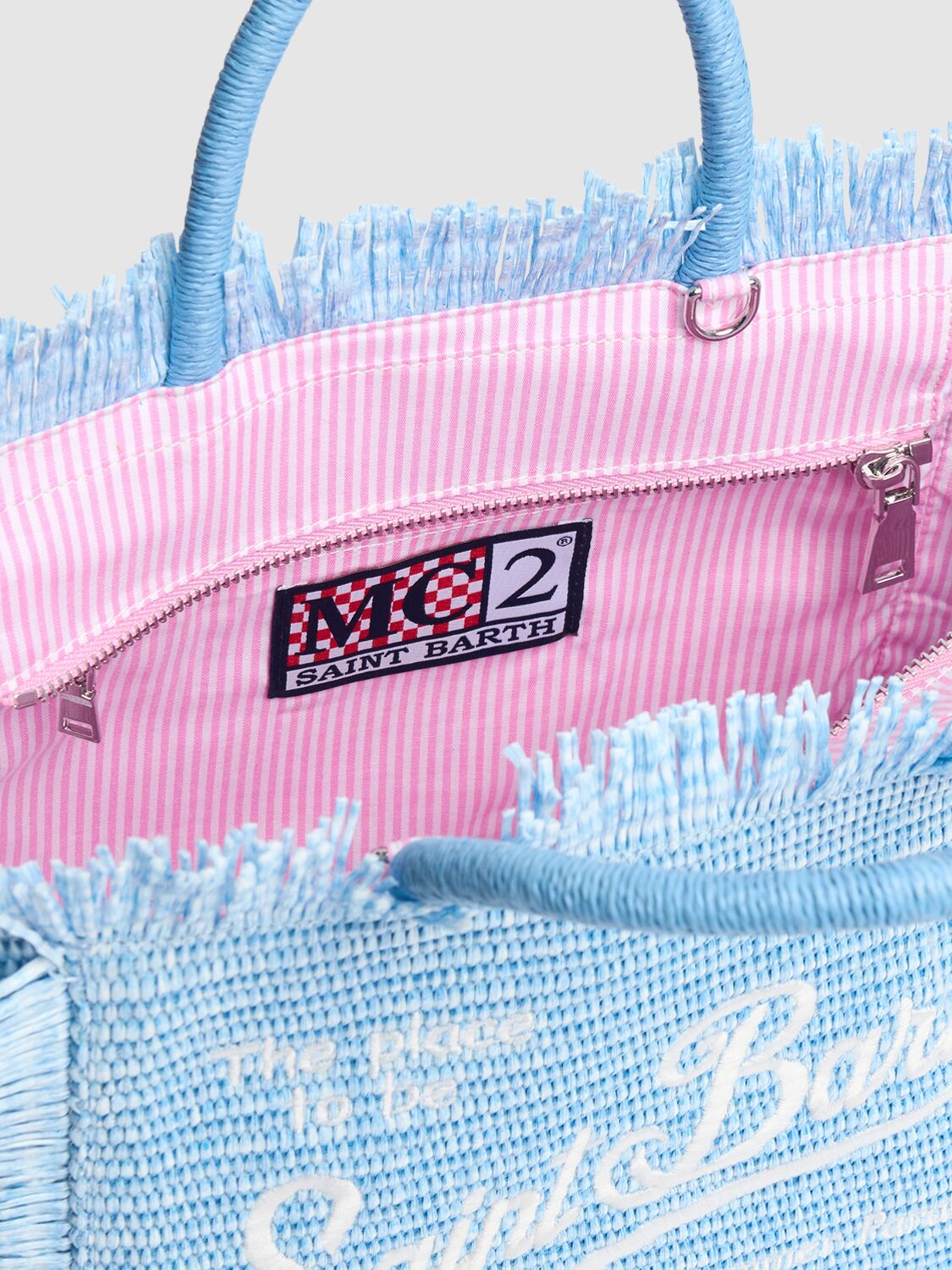 Shop Mc2 Saint Barth Logo Embroidery Straw Handbag In Light Blue