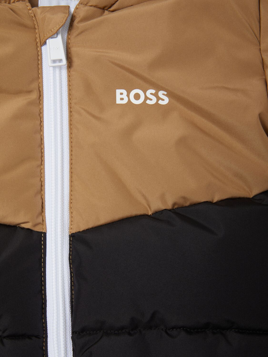 Hugo Boss Hooded Poly Puffer Jacket In Beige/black