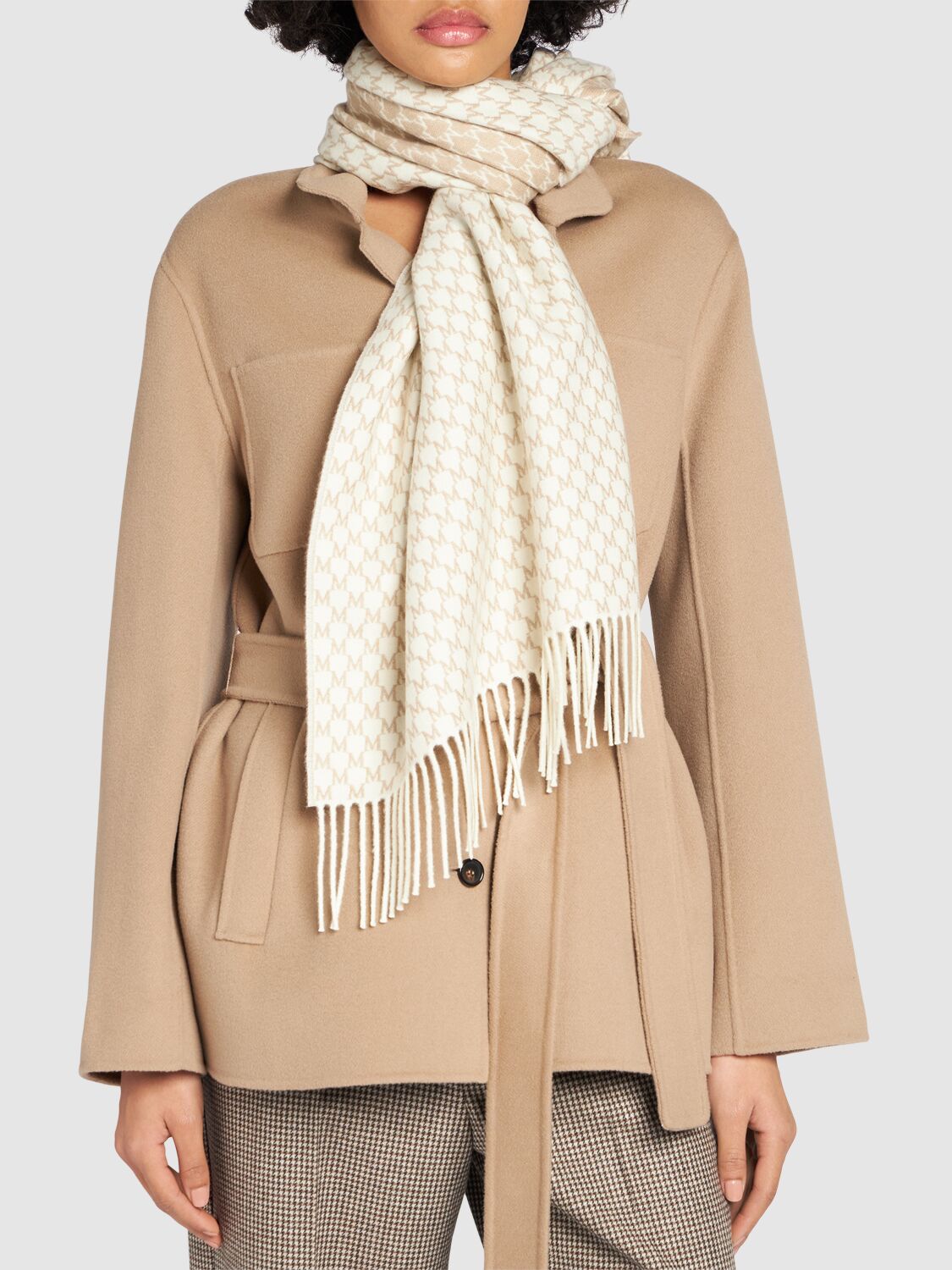 Shop Max Mara Arsenio Monogram Wool Scarf In Cammello/albino