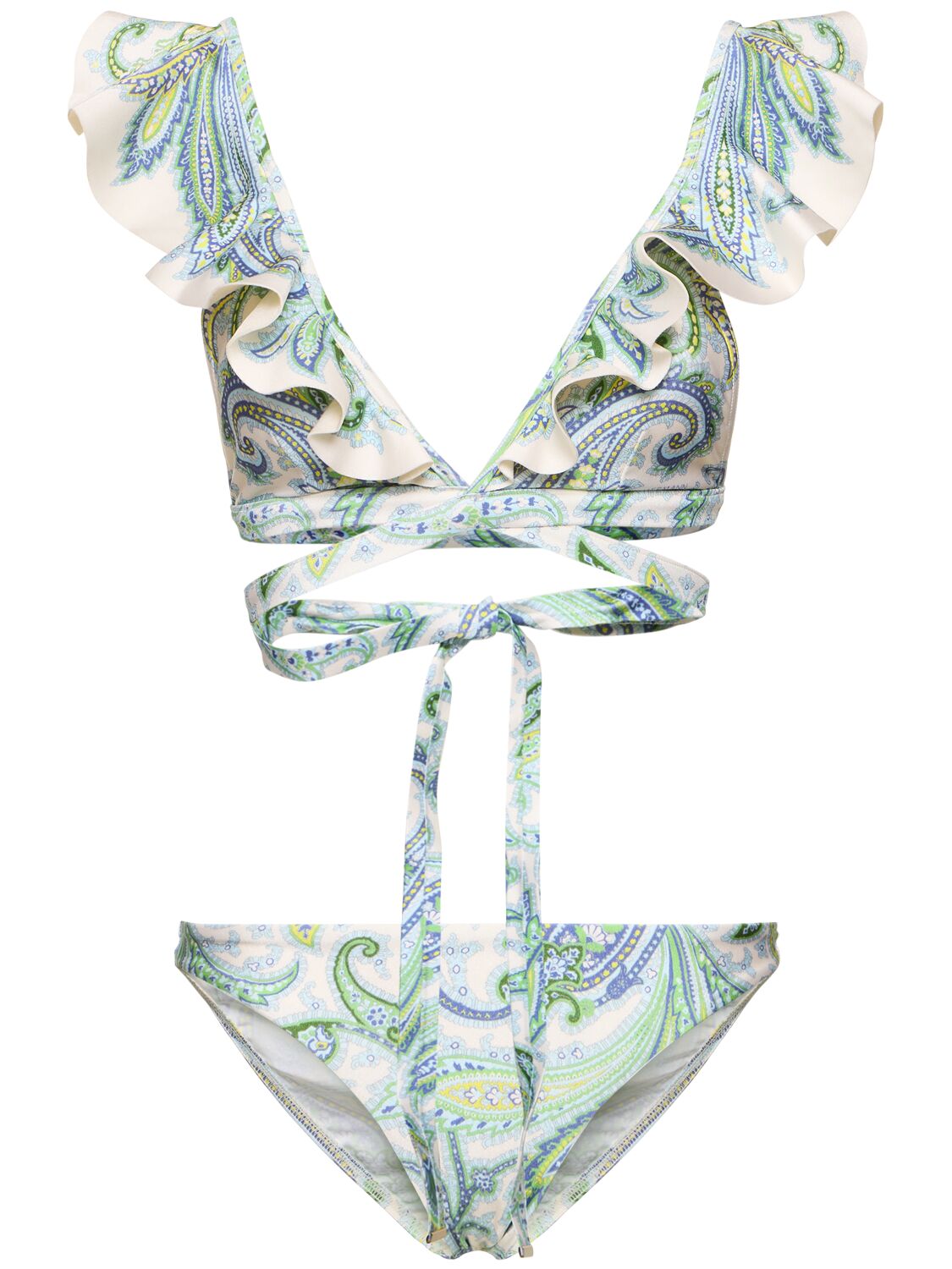 Shop Zimmermann Ottie Lycra Wrap Ruffled Bikini Set In Green,multi