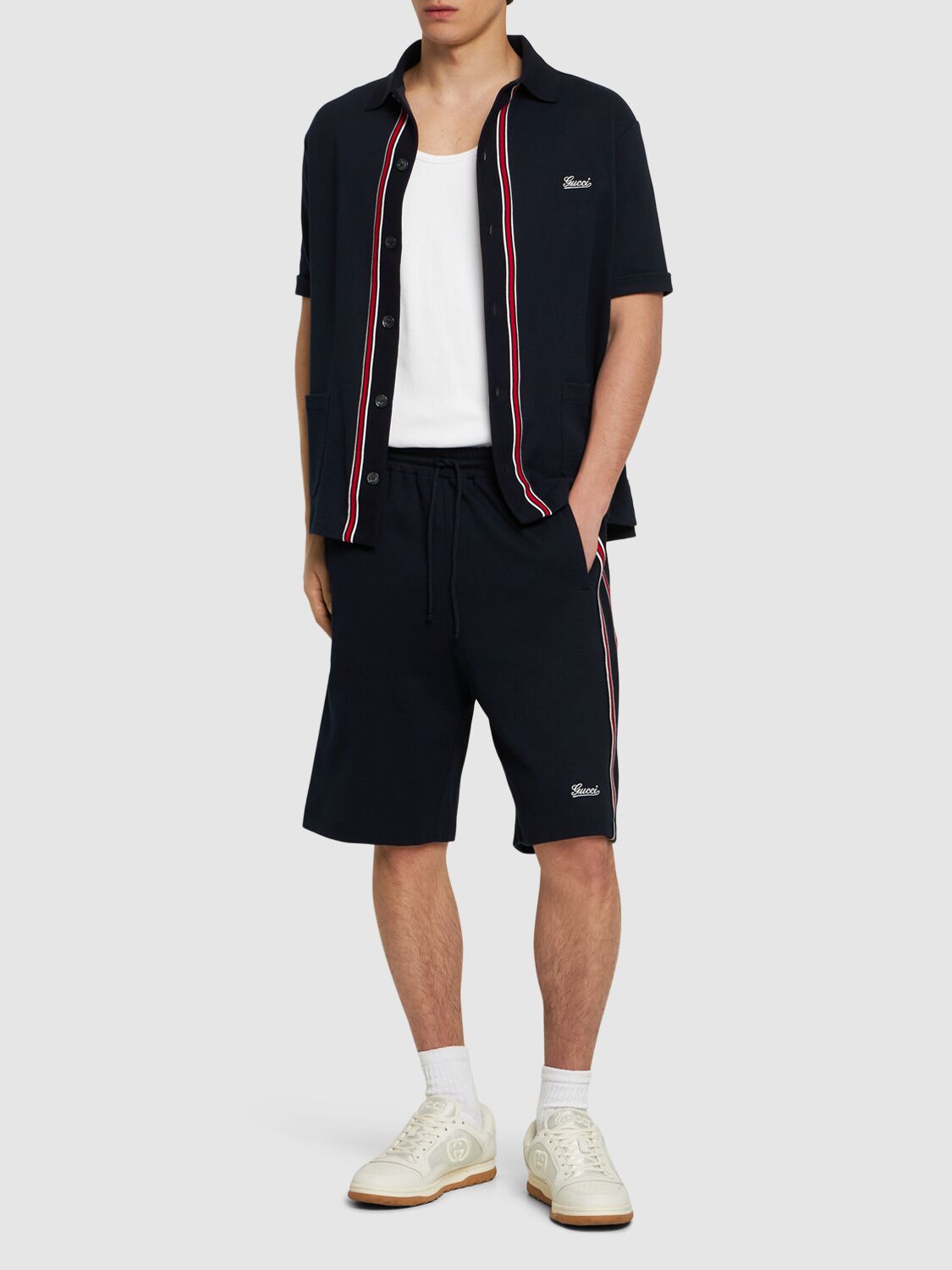 Shop Gucci Logo Cotton Basket Sweatshorts In Navy