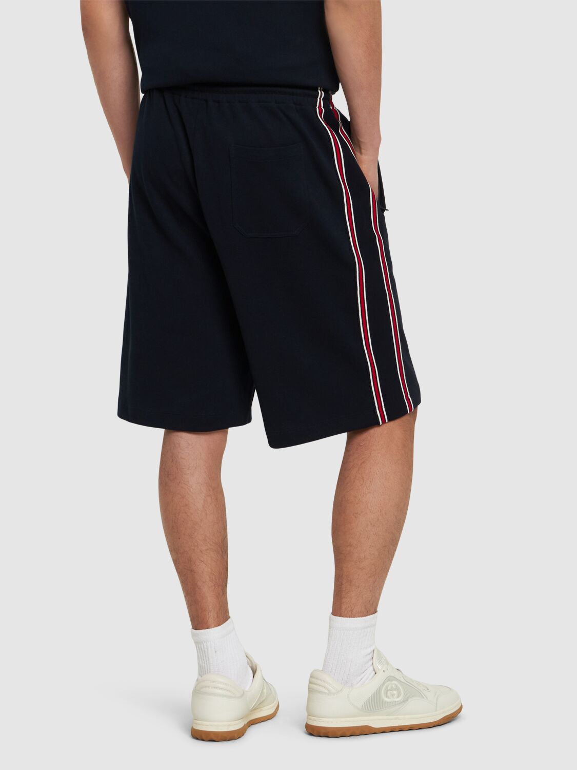 Shop Gucci Logo Cotton Basket Sweatshorts In Navy